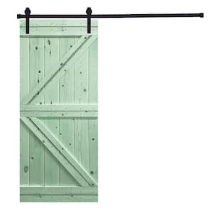 Modern K-Bar Series 30 in. x 84 in. Iced Mint Green stained Knotty Pine Wood DIY Sliding Barn Door with Hardware Kit