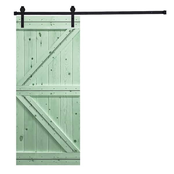 AIOPOP HOME 38 in. x 84 in. Modern K-Bar Series Iced Mint Green Stained Knotty Pine Wood DIY Sliding Barn Door with Hardware Kit