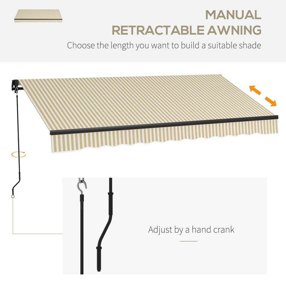 Beige and White Retractable Patio Awning with Manual Crank