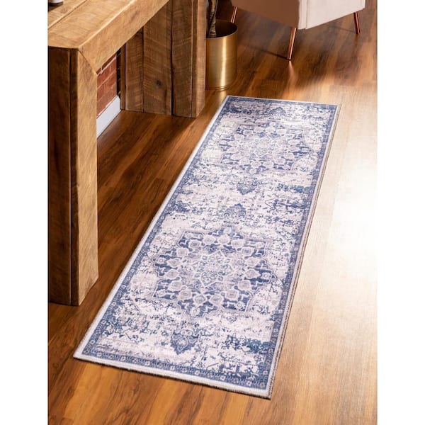 Renaissance Roma Gray Blue 2 ft. x 6 ft. Machine Washable Area Rug