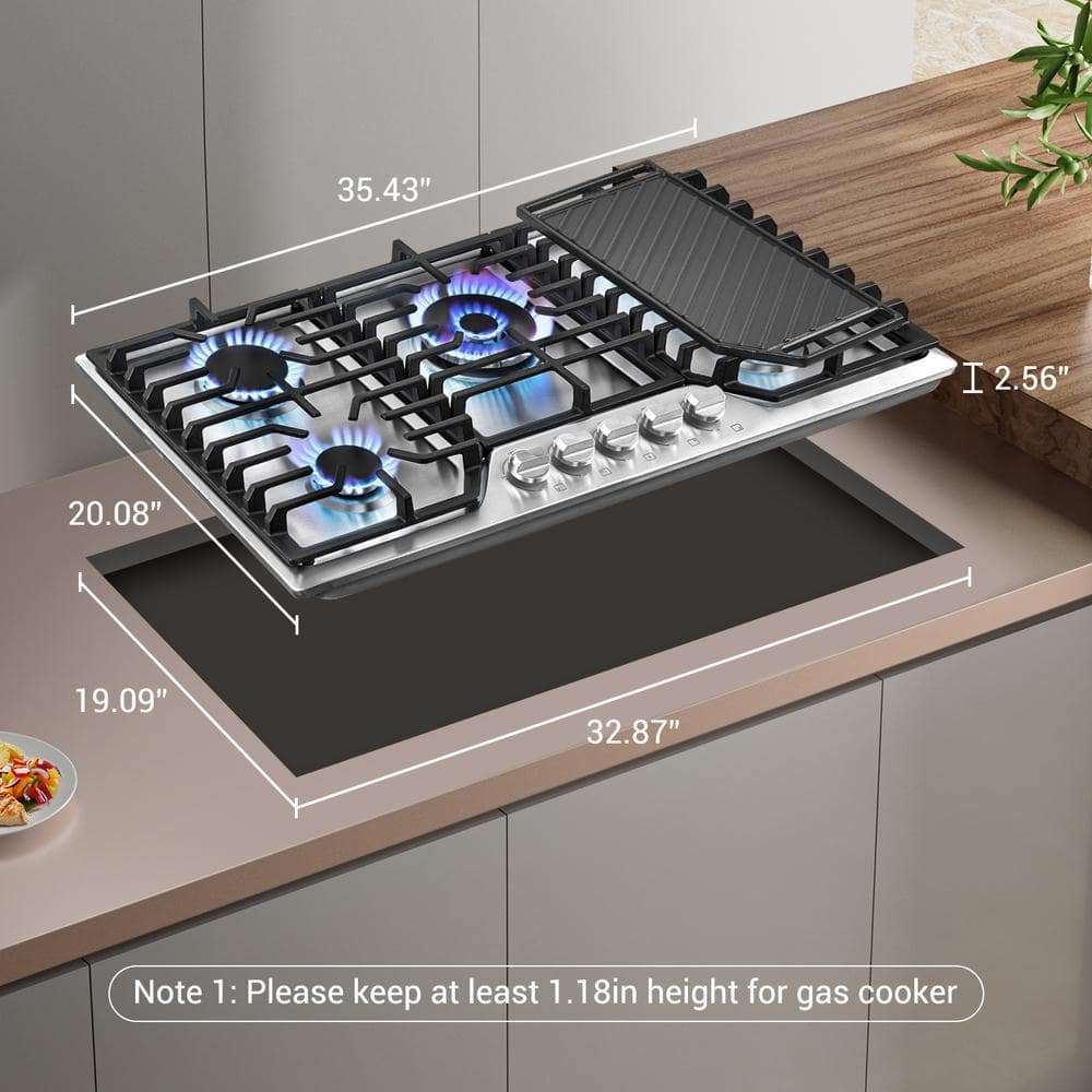36 Inch Stainless Steel Gas Cooktop with 5 Burners and Griddle