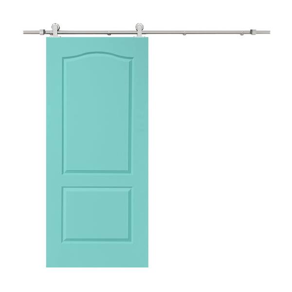 CALHOME 36 in. x 80 in. Mint Green Stained Composite MDF 2 Panel Arch Top Interior Sliding Barn Door with Hardware Kit