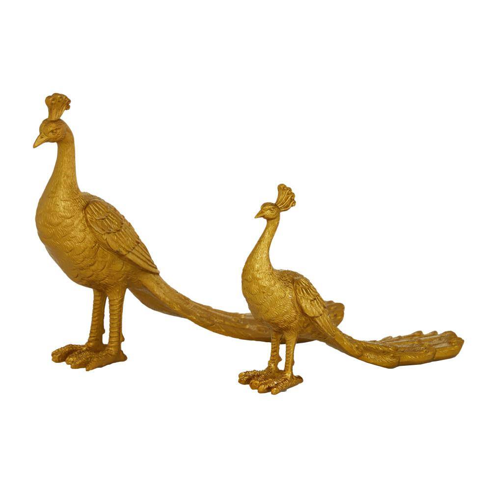 Gold Solid Peacock Animal Statue Duo, 11" & 8"H Resin Set