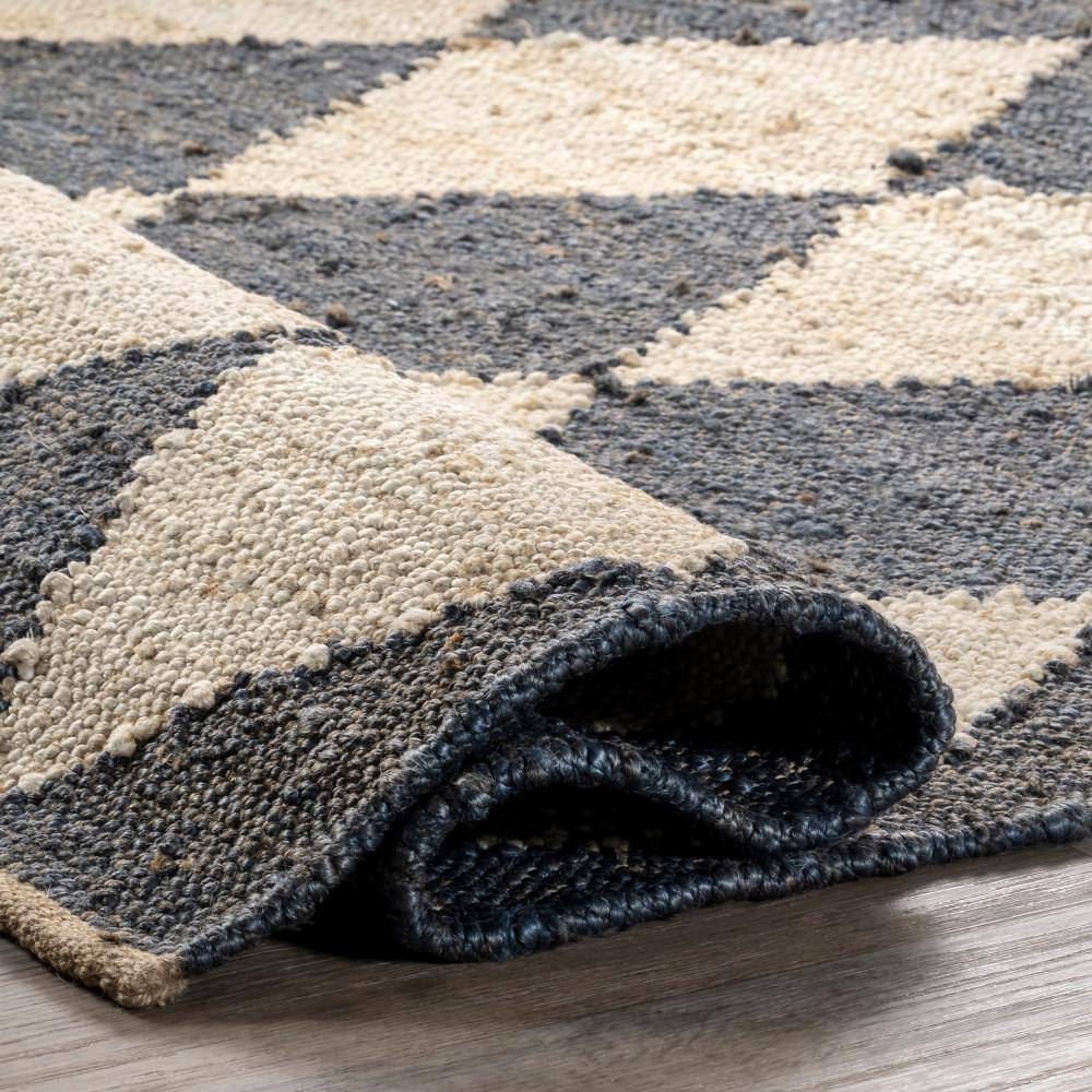 Charcoal and Beige Diamond Pattern Flat Woven Jute Rug, 8' x 10'