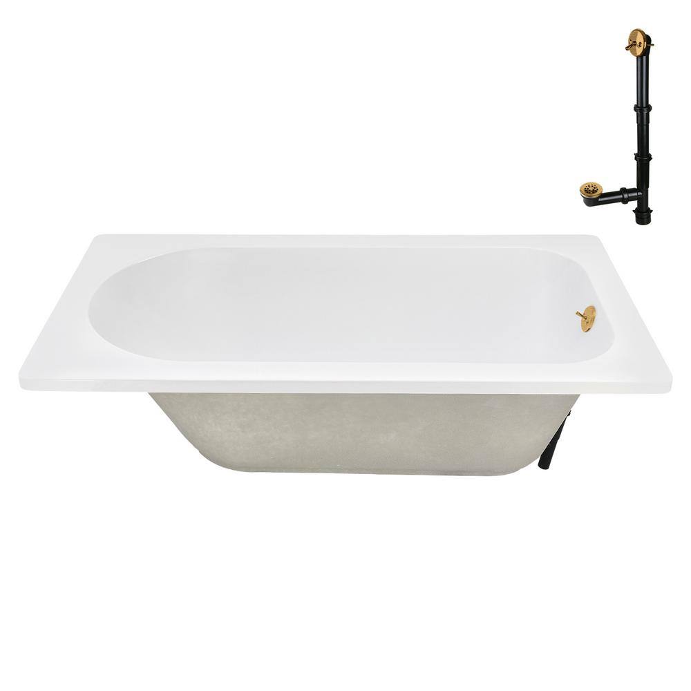 72" Glossy White Acrylic Drop-In Soaking Bathtub with Brushed Gold Trim