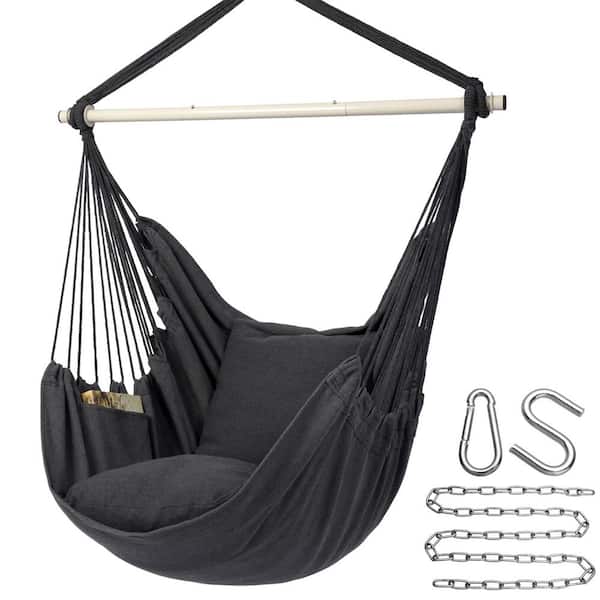 Hammock Chair, Hanging Swing Chair with 2-Seat Cushions, Removable Steel Spreader Bar, Anti-Slip Rings in Dark Gray