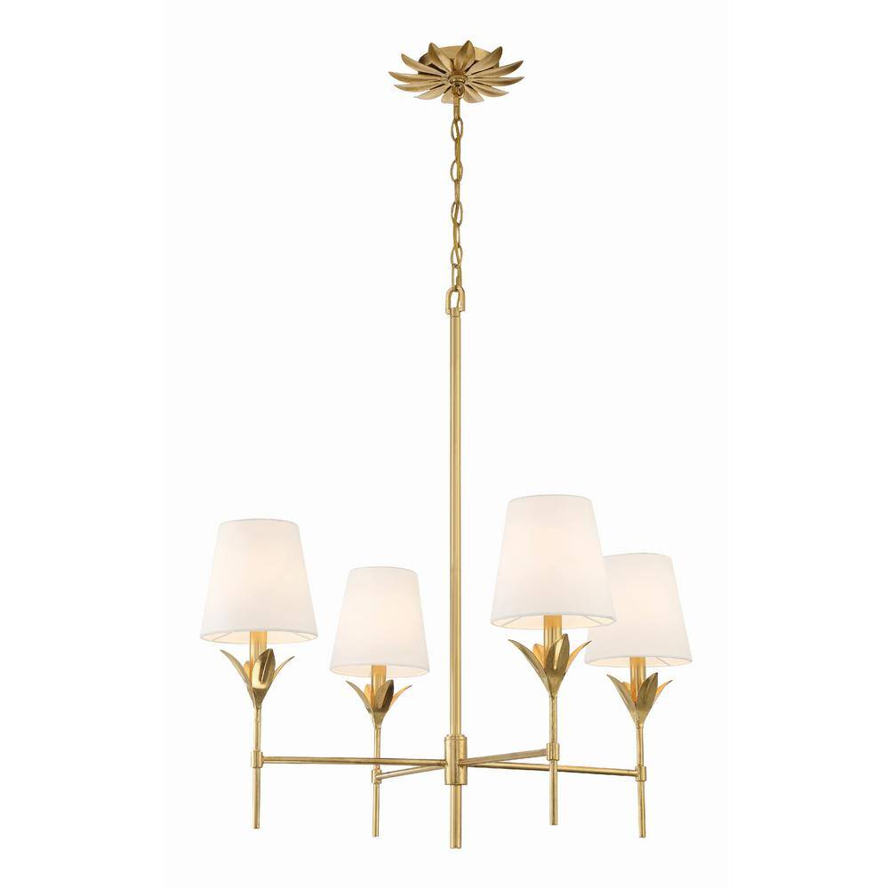 Antique Gold Crystal 4-Light Chandelier with White Silk Shades