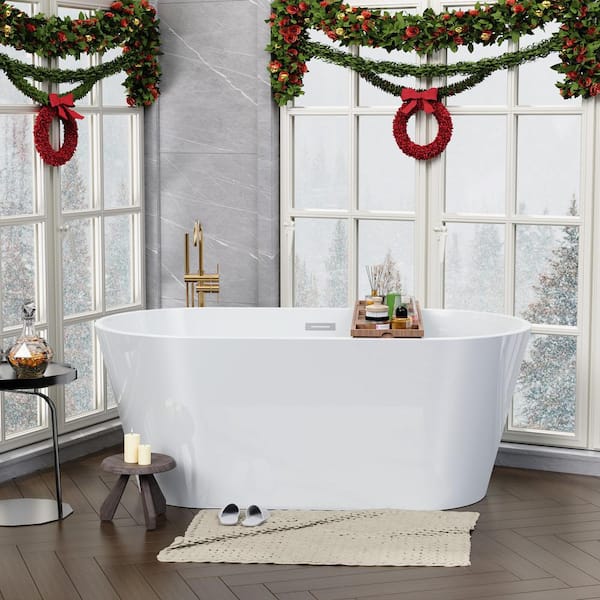 55 in. x 31.1 in. Acrylic Freestanding Contemporary Soaking Bathtub with Overflow and Drain in Gloss white