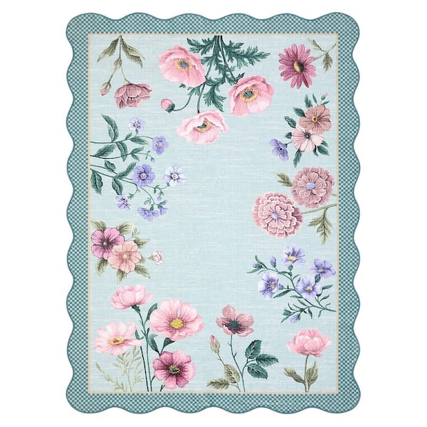 Light Blue 5 ft. x 7 ft.ft Floral Scalloped Rug Low Pile Non-Slip Polyester for Living Rooms and Bedrooms