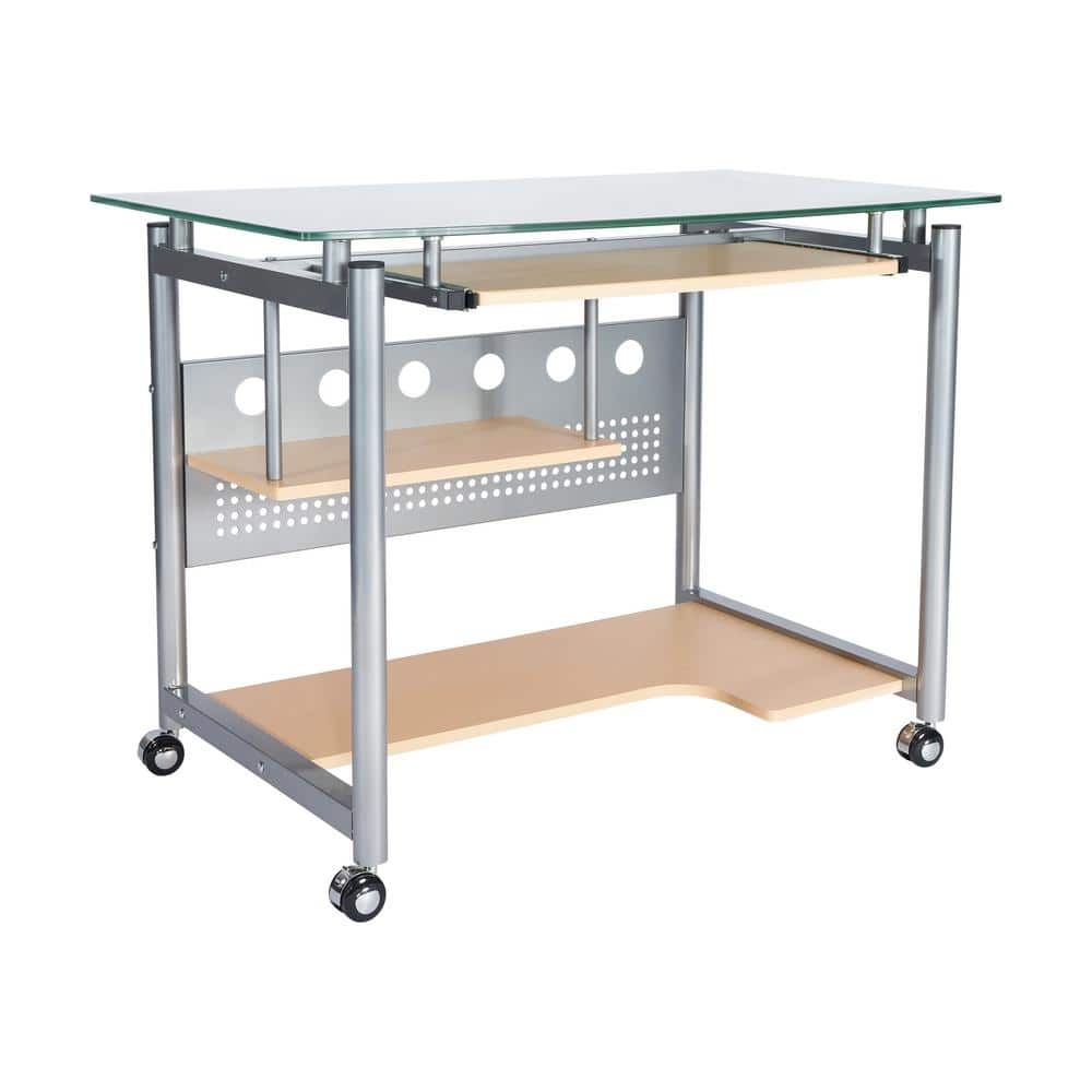 Frosted Glass and Silver Steel Rolling Computer Desk with Keyboard Tray