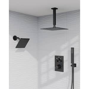 Multiple Press Dual Showers 7-Spray Ceiling Mount 12 in. Fixed and Handheld Shower Head 2.5 GPM in Matte Black