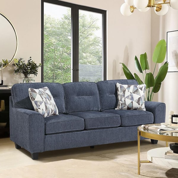 Lazzara Odelia 84 in W Straight Arm Chenille Fabric Rectangle Sofa in. Blue