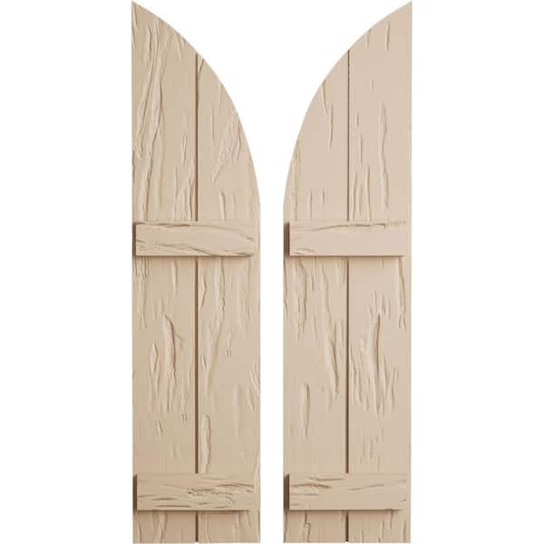 Ekena Millwork 11 in. x 60 in. Polyurethane Pecky Cypress 2-Board Joined Board-n-Batten Round Arch Top Shutters, Primed Tan