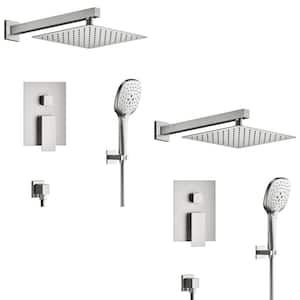 3-Spray 10 in. Wall Mount Dual Fixed and Handheld Shower Head 2.5 GPM in Brushed Nickel Valve Included (2-Pack)