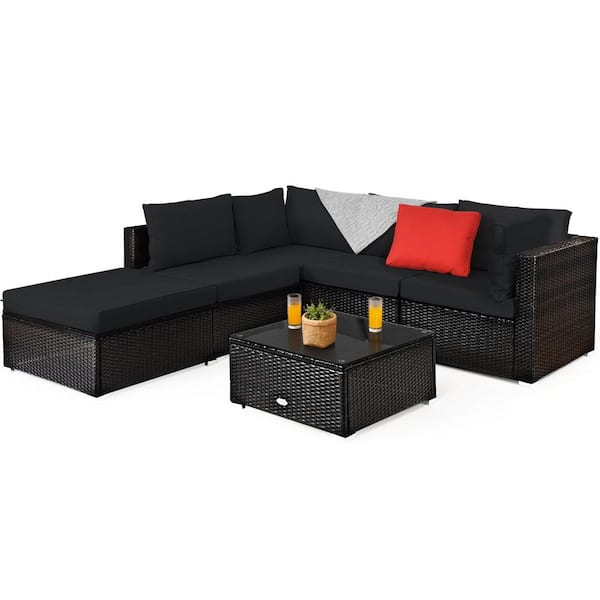 6-Piece Wicker Outdoor Sectional Set with Black Cushions and Tempered Glass Top Coffee Table