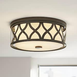 3-Light Harvard Court Bronze Flush Mount with Etched White Glass