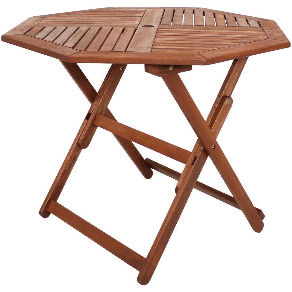 Octagonal outdoor wood folding table in reddish-brown finish.