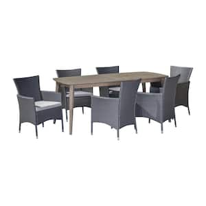 Jaxon Gray 7-Piece Wood and Faux Rattan Outdoor Dining Set with Silver Cushions