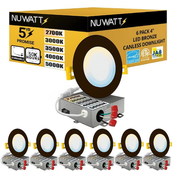 4 in. Bronze Trim 5CCT 27K-50K Ultra Thin Canless New Construction IC Rated Integrated LED Recessed Lighting Kit 6 Pack