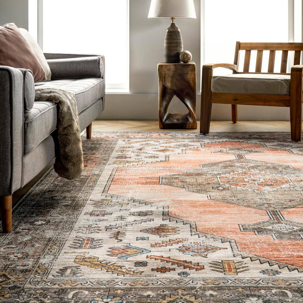 Peach Medallion 6' x 9' Washable Synthetic Area Rug