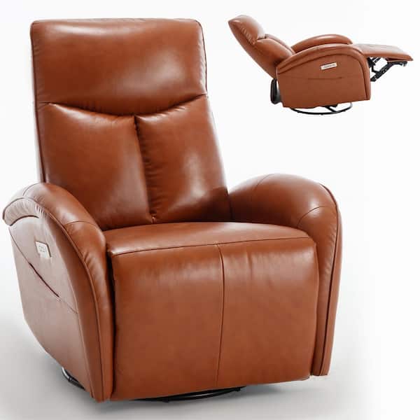 sumyeg 34.65 in. W Yellow Brown Faux Leather Swivel and Rocker Power Recliner Chair with USB and Type-C Ports