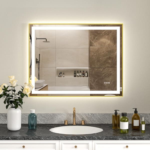 WOODSAM 48 in. W x 40 in. H Rectangular Aluminum Framed Anti-Fog LED Lighted Wall Bathroom Vanity Mirror in Brushed Gold