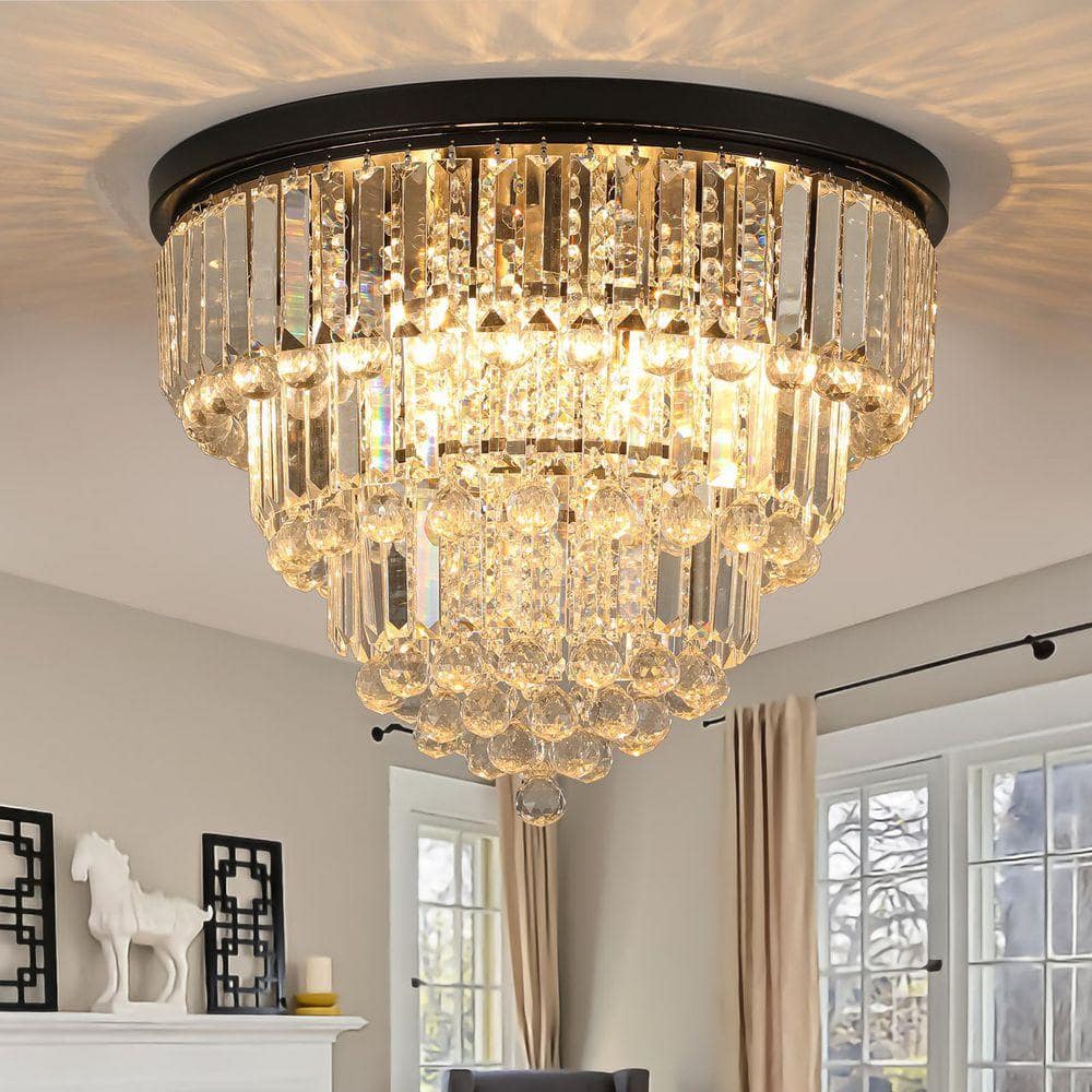 FIRHOT 19.7 in. 6-Light Modern Glam Matte Black Round 3-Tier Flush ...