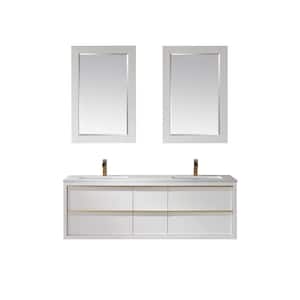 Morgan 60 in. Double Bathroom Vanity Set in White and Composite Carrara White Stone Countertop with Mirror
