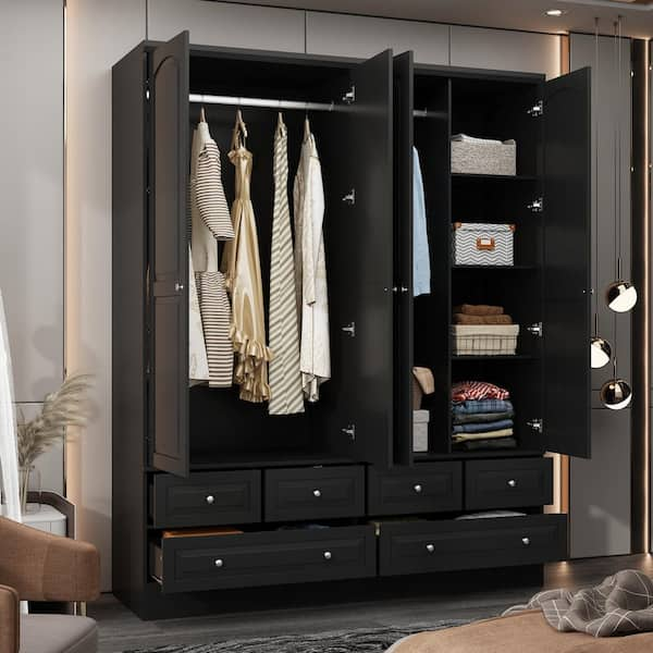 Black Wood 63 in. W Big Wardrobe Armoires Mirror, Hanging Rods, Drawers, Adjustable Shelves, 78.7 in. H x 19.7 in. D