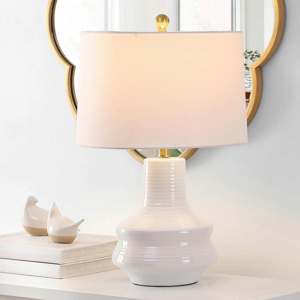 Ivory Ceramic Arc Table Lamp with Drum Shade