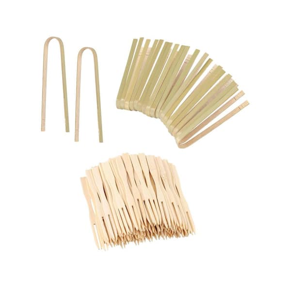 Natural Bamboo Tongs and Mini Forks Set for Appetizers Charcuterie Fruits Bread Toast Cooking Serving 220pcs