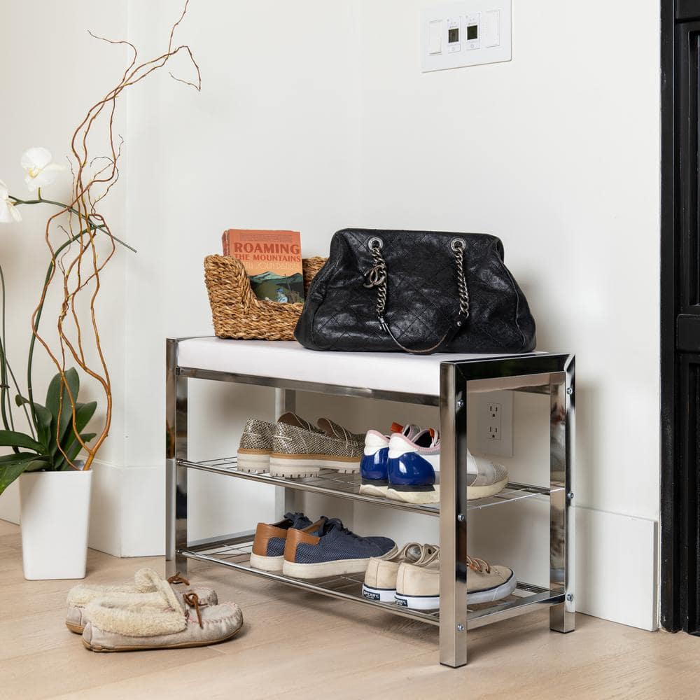 Chic White Leatherette and Chrome Metal Frame Entryway Shoe Bench with Storage