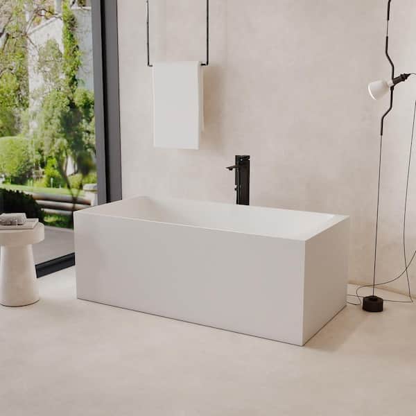 59 in. x 28.35 in. Freestanding Stone Resin Solid Surface Rectangular Soaking Bathtub in Matte White