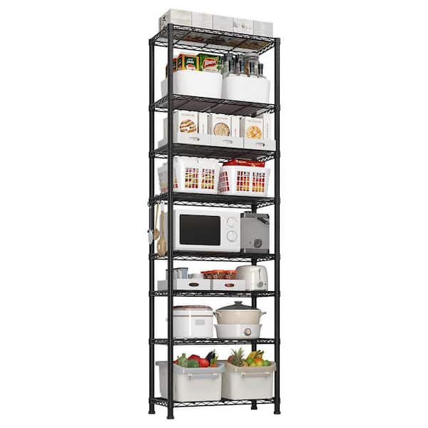 8-Tiers Steel Adjustable Garage Storage Shelving Unit in Black with Hooks (23.62 in. W x 78.74 in. H x 13.78 in. D)
