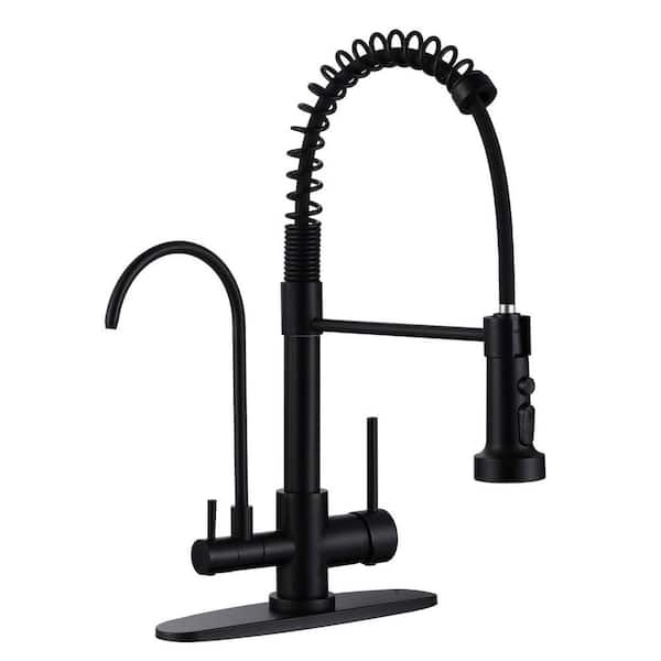 17.5 in. Double Handle 360° Pull Down Sprayer Kitchen Faucet with Drinking Water Filler and 3-Mode Spout in Matte Black