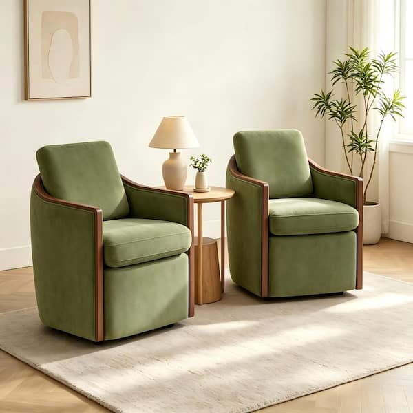Duvin Moss Green Rubber Wood Frame Upholstered Swivel Dining Chair with Hidden Casters and Solid Wood Edge, Set of 2