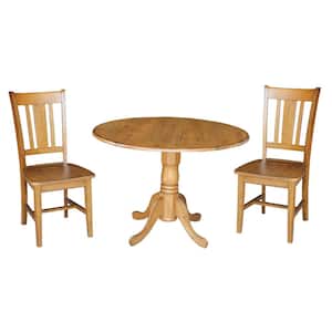 Brynwood 3-Piece 42 in. Distressed Pecan Round Drop-Leaf Wood Dining Set with San Remo Chairs