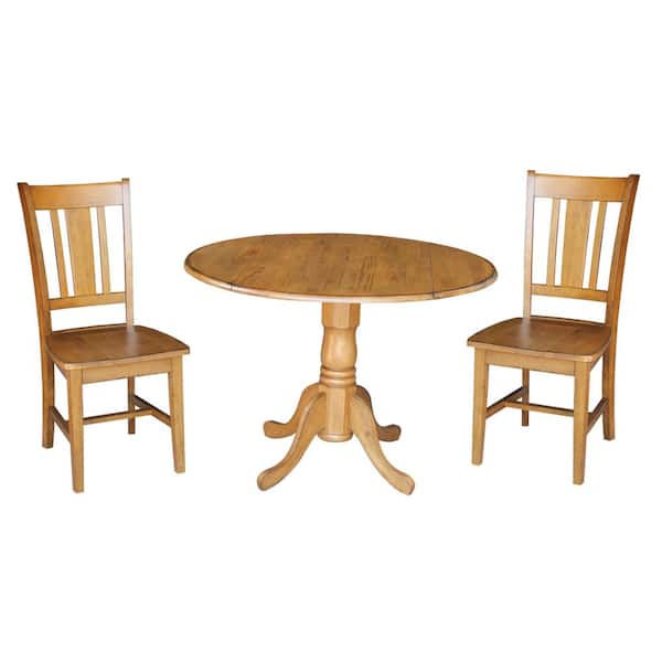 International Concepts Brynwood 3-Piece 42 in. Distressed Pecan Round Drop-Leaf Wood Dining Set with San Remo Chairs