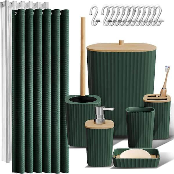 Bathroom Set, Bathroom Accessory Set, Shower Curtain Set, Toilet Brush, Trash Can & Soap Dispenser in Hunter Green