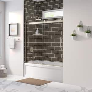 Arelo 56 in. to 60 in. W Semi-Frameless Sliding Tub Door AquaGlideXP Clear Glass, Brushed Nickel Finish