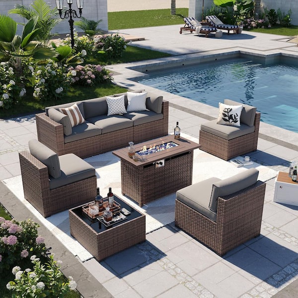 Yellow 7-Piece Wicker Rattan Outdoor Sectional Set with Grey Cushions, Coffee Table and Set Cover