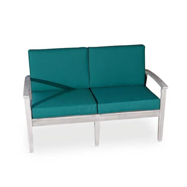 Zeus & Ruta Silver Gray Eucalyptus Wood Outdoor Loveseat with Dark Green Cushions