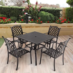 Dark Brown 5-Piece Square Aluminum Patio Dining Set with Umbrella Hole with Powder Coat Paint Seating for 4