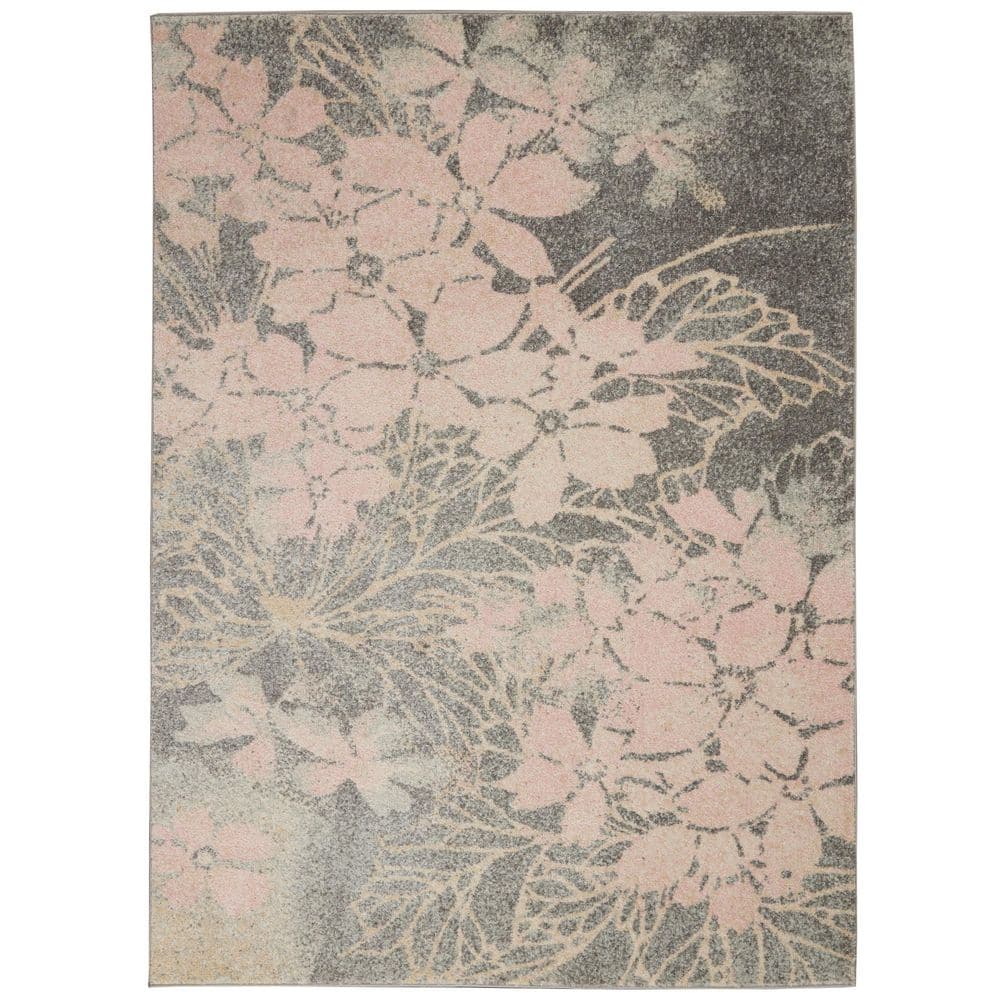 Grey and Pink Floral Synthetic 4' x 6' Area Rug