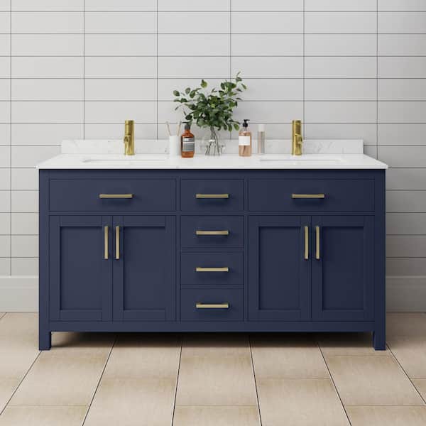 Beckett 66 in. W x 22 in. D Double Vanity in Dark Blue with Cultured Marble Vanity Top in Carrara with White Basins