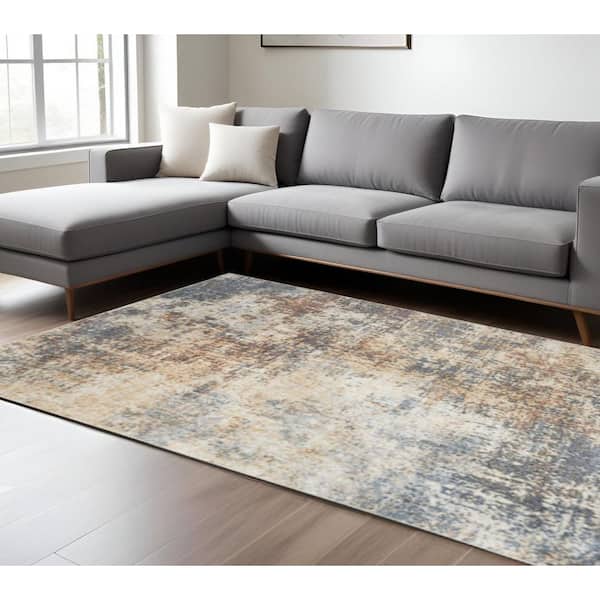 9 ft. x 12 ft. Blue And Ivory Abstract Distressed Washable Area Rug