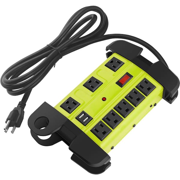 Heavy Duty Industrial Power Strip with USB Green Metal 8 Outlet Surge Protector 2700 Joules 15A 10 ft. Cord