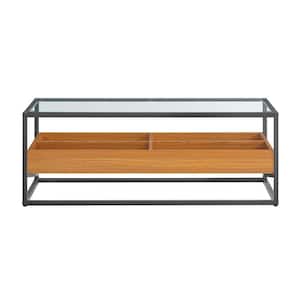 Saarinen 43.625 in. X 23.62 in. Golden Oak Rectangle Two-Level Modern Sunken Glass MDF Display Shelf Low Coffee Table