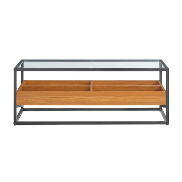 DANYA B Saarinen 43.625 in. X 23.62 in. Golden Oak Rectangle Two-Level Modern Sunken Glass MDF Display Shelf Low Coffee Table