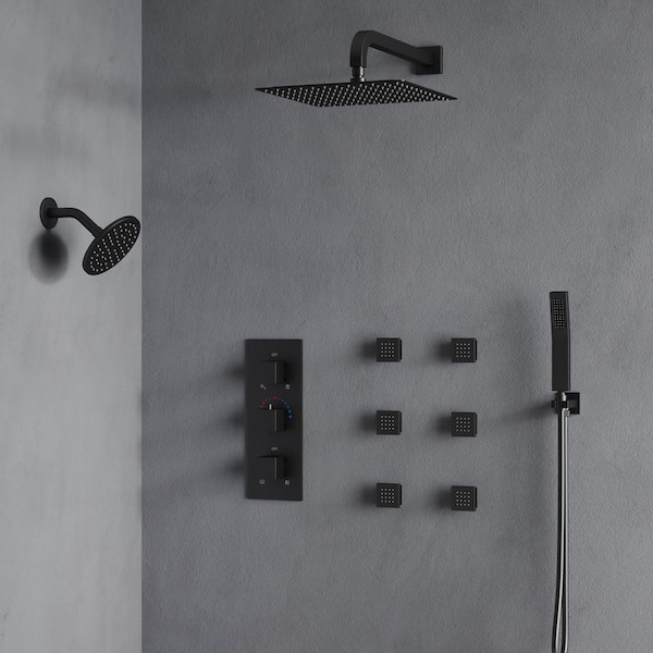 8-Spray Patterns 12 and 6 in. 2.5 GPM Square Wall Mount Dual Shower Handheld Shower Head in Matte Black
